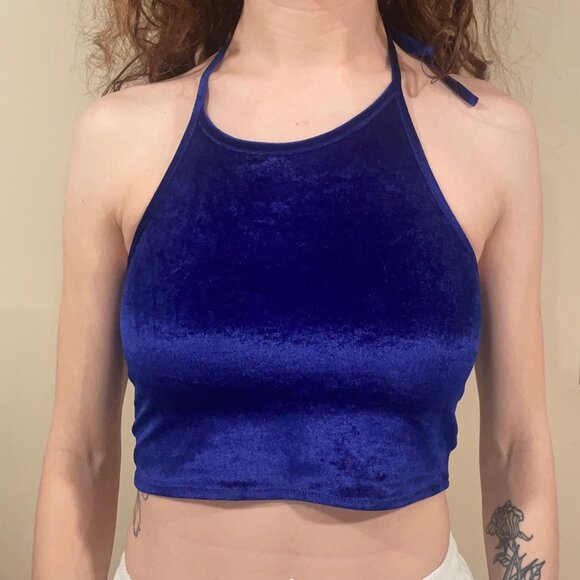 OMighty Blue Velvet Cropped Halter Top - Picture 1 of 4
